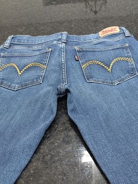 Levi's Too Superlow Blue Denim Jeans Yellow Back Pocket Stitching M7 W28 L32